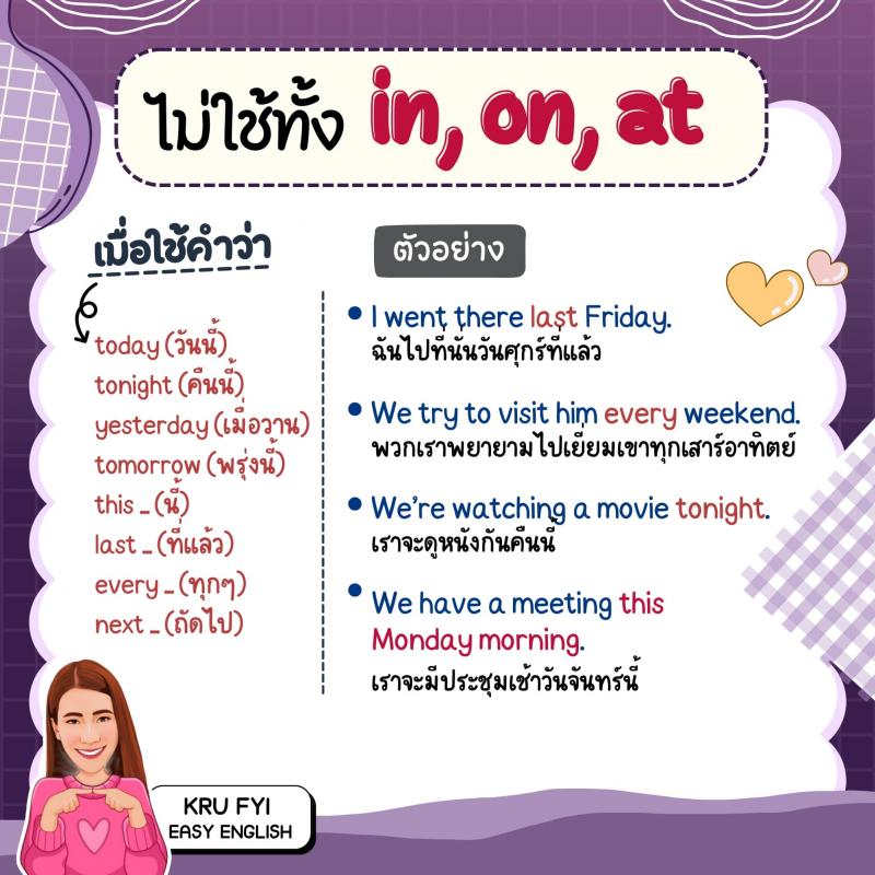 สรุป IN, ON, AT ใช้กับเวลาและสถานที่